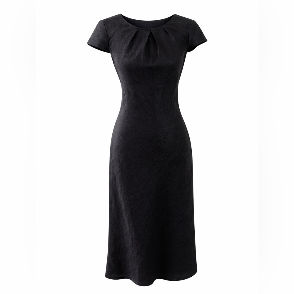 Michiko Koshino Black Minimalist Midi Dress Cap Sleeve Pleated Neck Designer